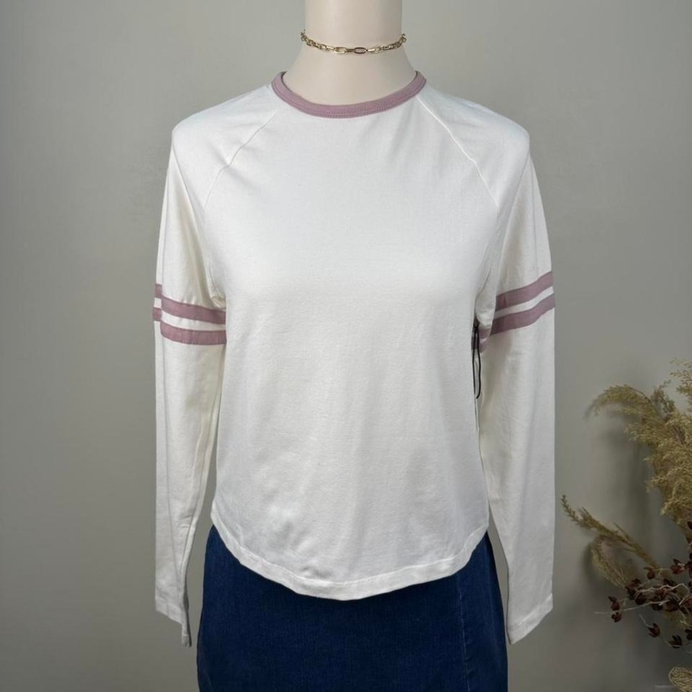 NWT Urban Rebel Womens XL White Long Sleeve Varsity TShirt Pink Stripe Crew Neck
